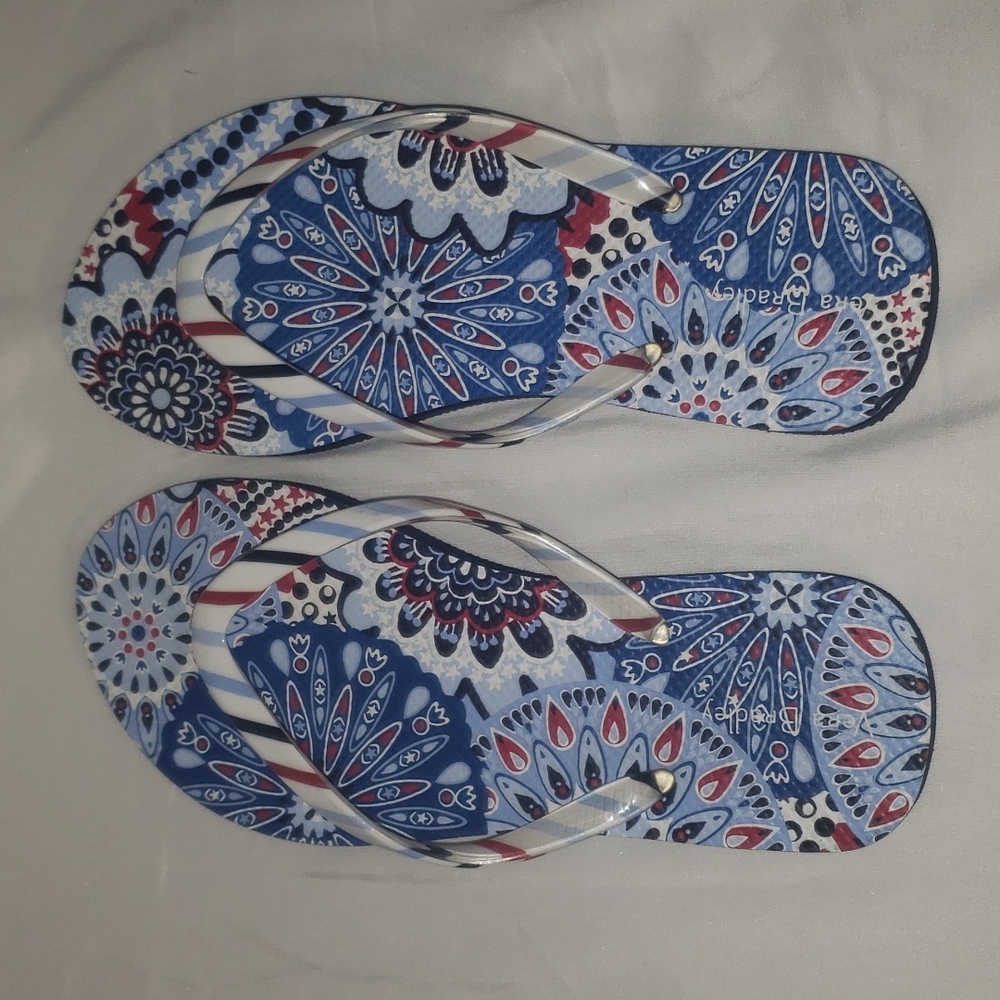 Vera Bradley Blue Red White Paisley Flip Flops with Silver Straps